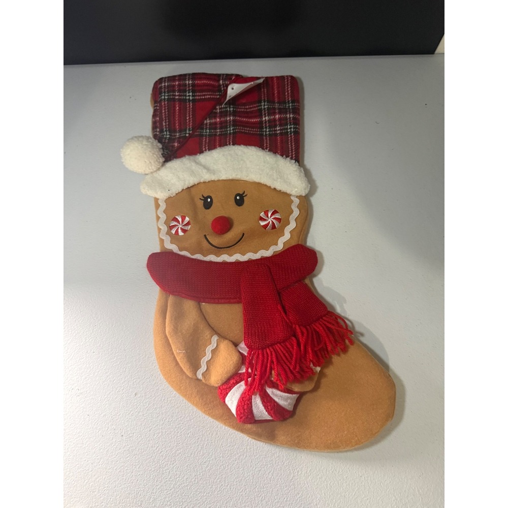 Gingerbread Man Christmas Stocking Red Plaid Cuff Peppermint Scarf Holiday Decor